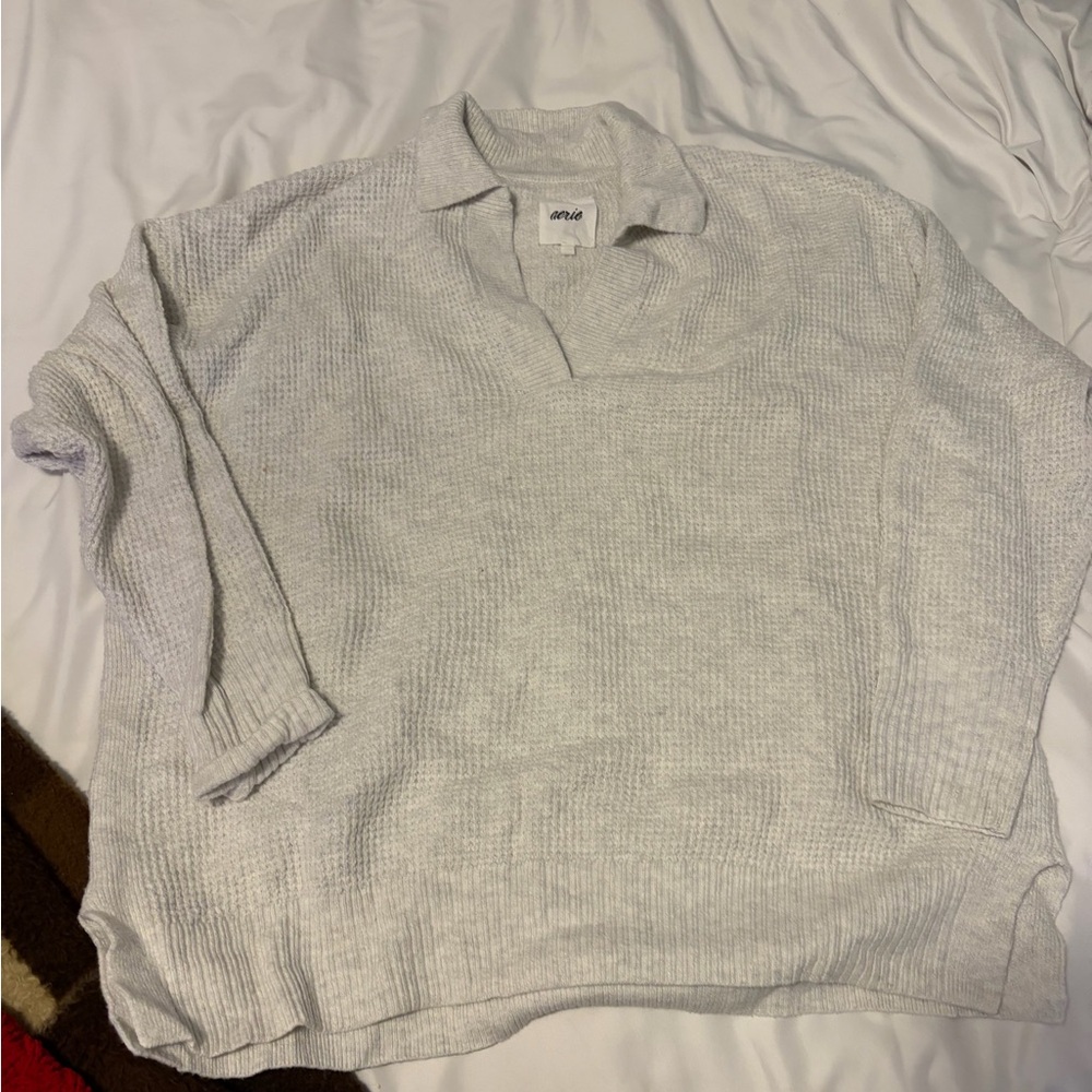 Aerie Light Gray V-Neck Sweater